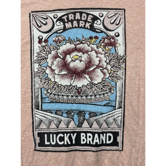 Lucky Brand Graphic Tee XL Pink Floral Trade Mark Boho Style Scoop Neck - Picture 2 of 7